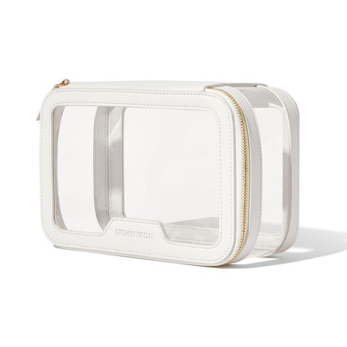 ROWNYEON Clear Makeup Bag,PVC Clear Toiletry Bag For Women,Waterproof Faux Leather Travel Makeup Bag with Handle Large Opening & Gold Zippers,Car Essentials for Women Gift