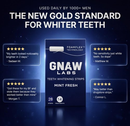 GNAW LABS Teeth Whitening Strips for Men – Mint Fresh | 14 Treatments | Enamel Safe Hydrogen Peroxide Formula with Mint | FoamFlex™ Technology | No Sensitivity, Professional Whitening Kit.