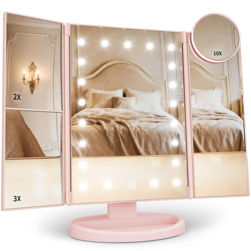 HUONUL Makeup Mirror, Vanity Mirror with Lights, 2X/3X/10X Magnification, Touch Control, Trifold Mirror, Dual Power Supply, Valentines Day Gifts for Her,Gifts for Women, Wife, Mom, Teengirls