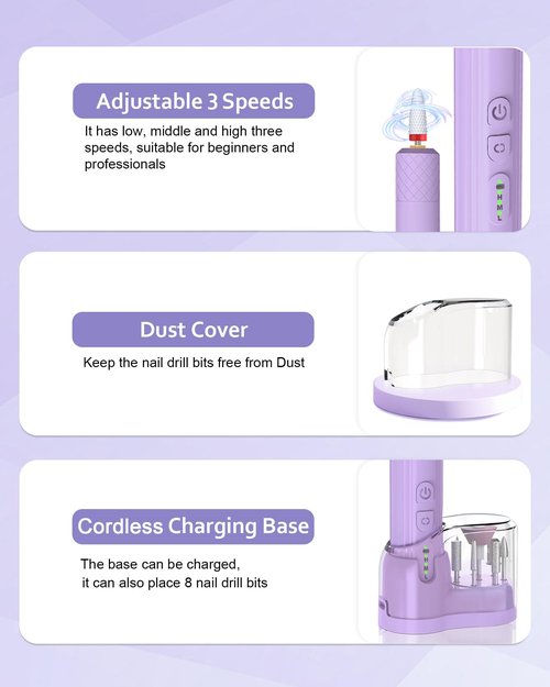 DEEHENK Nail Drill,Cordless Electric Files for Gel Nails E-File Manicure Kit Women Rechargeable Cordless Drill para Uñas Profesional Machine Grinder Acrylic Purple