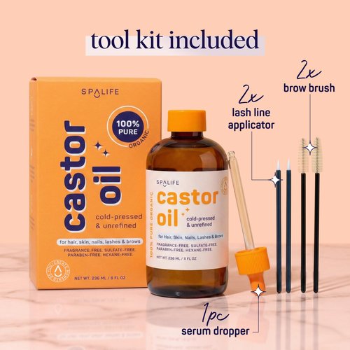 SpaLife Organic Cold Pressed Castor Oil for Face, Brows, Hair, Skin, Nails, & Lashes | Hexane Free Cold Pressed Castor Oil & 2x Brow Brushes, 2x Lash Line Applicators, and Dropper | 8 FL OZ