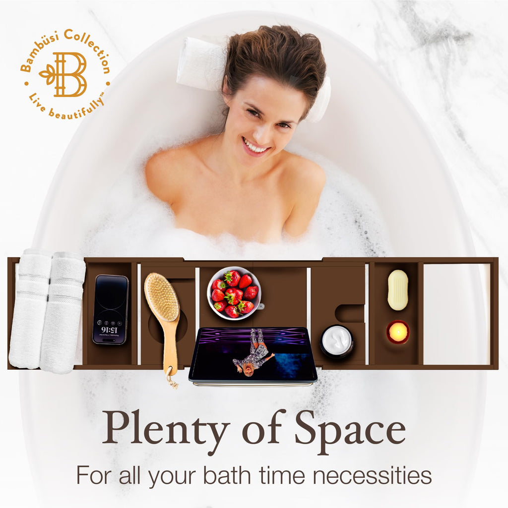 Wooden Bathtub Tray - Foldable & Expandable Bamboo Bath Tray for Tub with Wine Holder, Book & Tablet Stand - Bath Caddy Tray for Bathtub, Spa Bath Accessories, Tub Tray Table, (Brown)