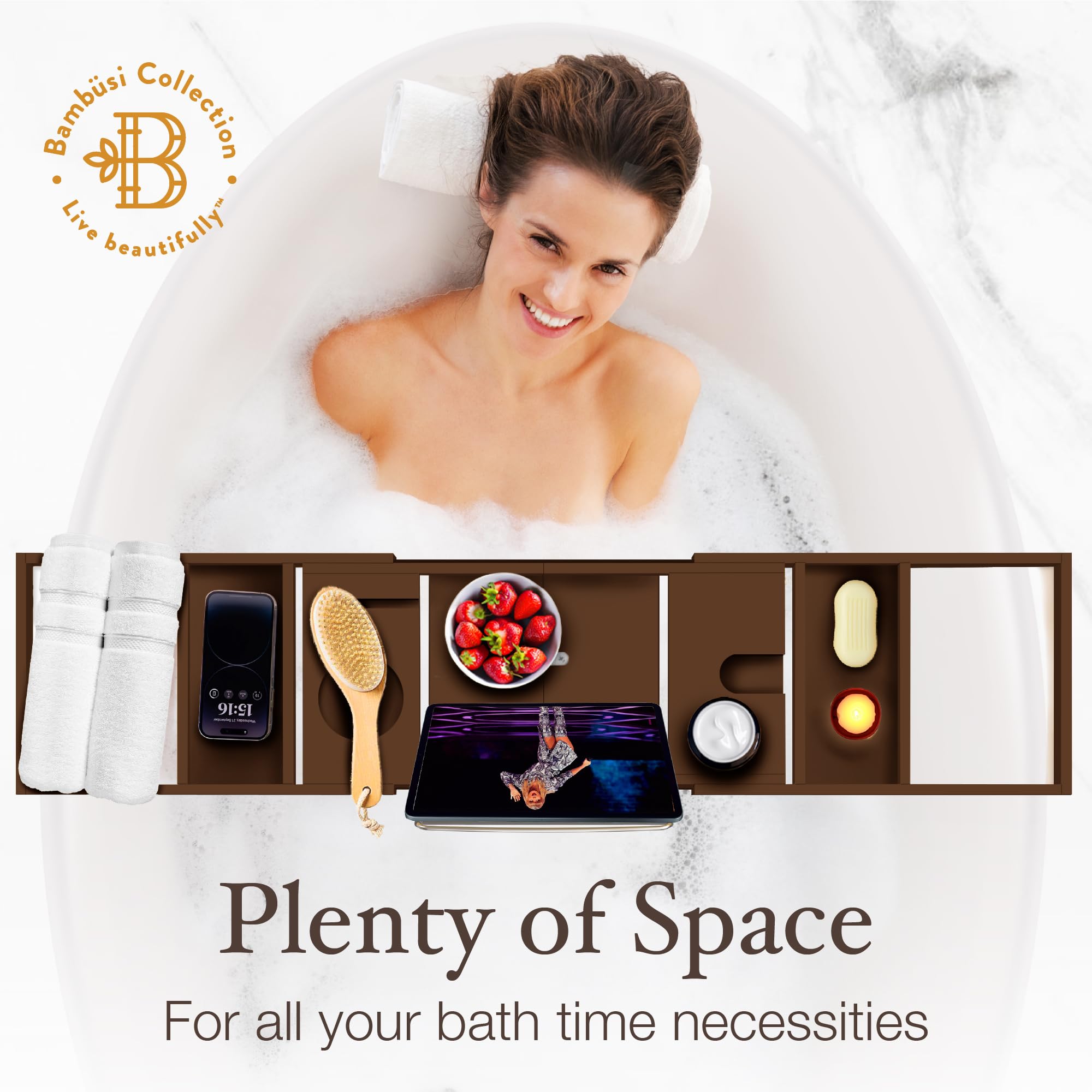 Wooden Bathtub Tray - Foldable & Expandable Bamboo Bath Tray for Tub with Wine Holder, Book & Tablet Stand - Bath Caddy Tray for Bathtub, Spa Bath Accessories, Tub Tray Table, (Brown)