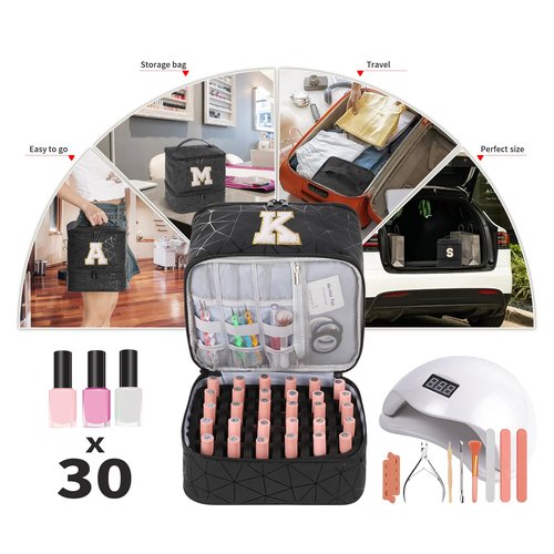 KGMCARE Personalized Initial A-Z Nail Polish Organizer and Portable Nail Polish Bag Carrying Case, Holds 30 Bottles (15ml), Large Capacity Storage Case for Nail Polish, Letter A