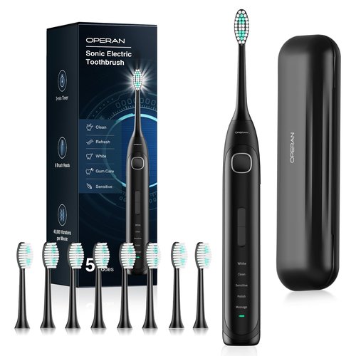 Operan Electric Toothbrush Rechargeable with 8 Brush Heads and Sonic Toothbrush with 5 Modes 2-Min Smart Timer & IPX7 Waterproof Electric Toothbrush for Adults, Travel Case (Black, 1Pack)