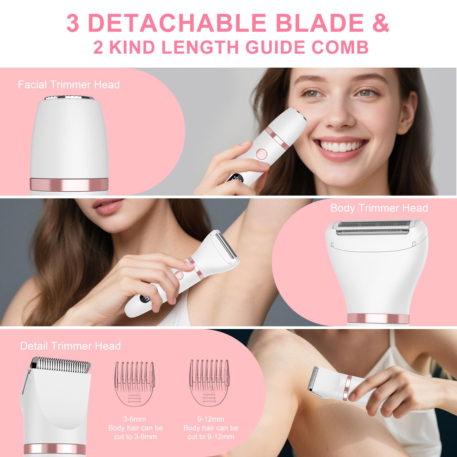 Zivelier 3-in-1 Electric Razor IPX7 Waterproof Bikini Trimmer Wet & Dry Use Painless Personal Trimmer Groomer for Ladies Face Body Legs Bikini Public Hairs Electric Lady Shaver with Replaceable Heads