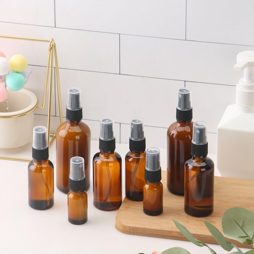 RAMFIYN 24 pack 10ml Spray Bottle Amber Glass Travel Atomizer for Perfume Essential Oils TSA Approved Refillable Small Sprayer with Labels and Dispensing Tools