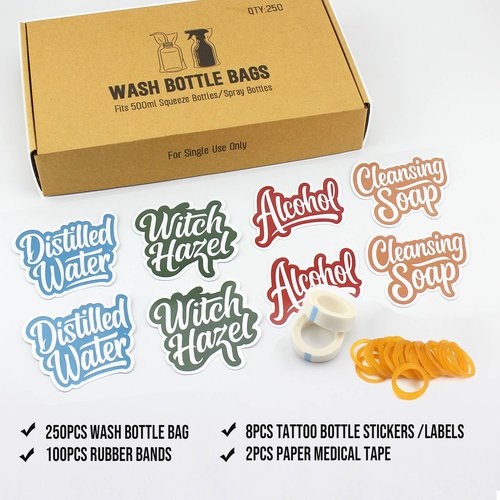 Tattoo Bottle Bags–250PCS Wash Bottle Bags for 17oz/500ml Squeeze & Spray Bottles, with 8 Bottle Stickers, 2 Paper Tapes, 100 Rubber Bands–Professional Tattoo Supplies Accessories Kit (Clear)