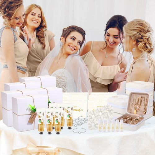 Teenyyou 60 Pcs Bridesmaid Proposal Gifts Bridesmaid Box Set Maid of Honor Gifts Wedding Bridal Shower Include Jewelry Box Glass Cup Scrunchies Hair Knotted Bracelets Hand Cream Lip Balm Cards (White)