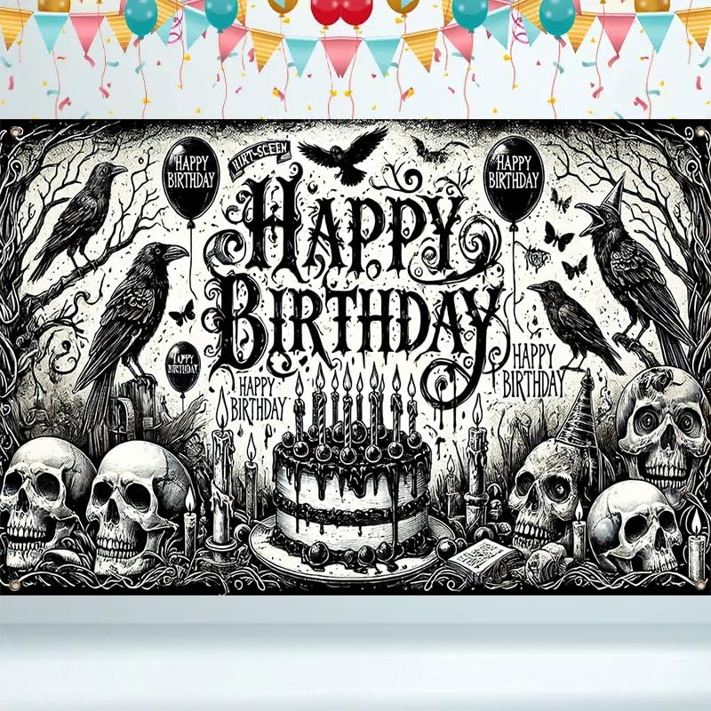 Gothic Halloween Birthday Banner - 71x43 Inch Dark Party Backdrop with Skulls & Crows - Multicolored Variation 538