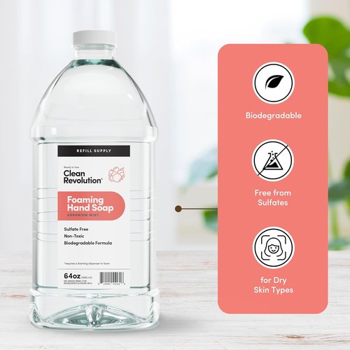Clean Revolution Foaming Hand Soap - Gentle & Moisturizing with Real Essential Oils | Geranium Mint, 64 Fl Oz