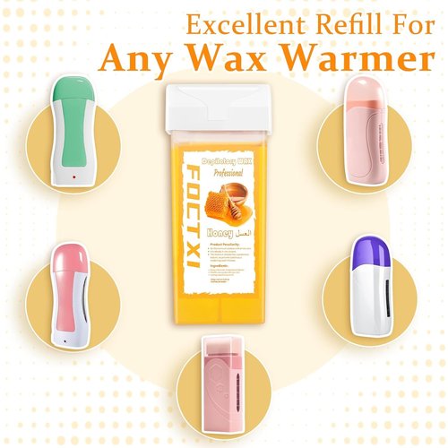 FOCTXI Wax Roller Kit Ｗax Cartridge, Roll On Wax for Hair Removal, Roll on Ｗax, 4 Honey Hair Removal Ｗax Cartridge and 10 Pack Cleaning Oil Wipes for Women