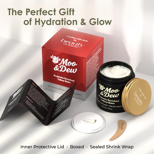 Beef Tallow for Skin & Face – Probiotic-Enriched Tallow Balm, Pasture-Raised Moisturizer with Citrus Extract, Hydrating Cream for Dry or Sensitive Skin, Gift Box & Bamboo Spatula Included (4 fl oz)