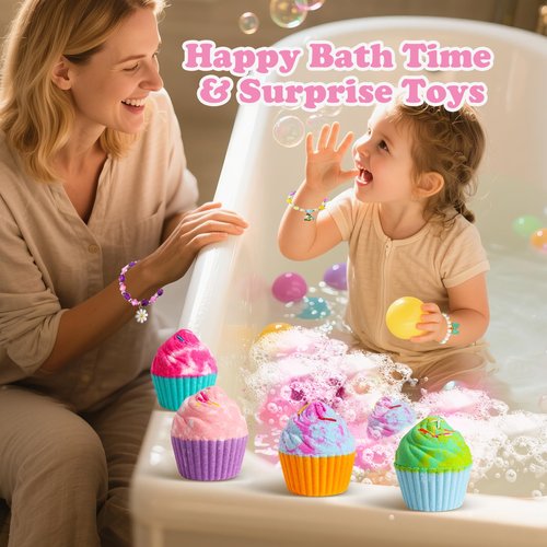 Bath Bombs for Kids with Surprise Jewelry Toys Inside, 8 Cupcake Bath Bombs Gifts Set, Girls, Teens, Kids Easter Valentines Day Gift Birthday, Handmade Fizzes Bubble Spa Bath Kit for Girls