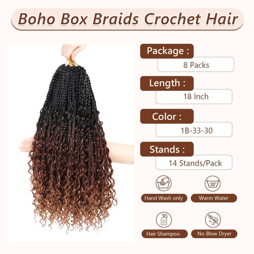 8 Packs Crochet Box Braids Hair-18 Inch Crochet Hair For Black Women Pre loople Crochet Hair with Curly Ends Goddess Box Braids Crochet Hair Braiding Hair Crochet Braids Hair for Black Women(1B/33/30)
