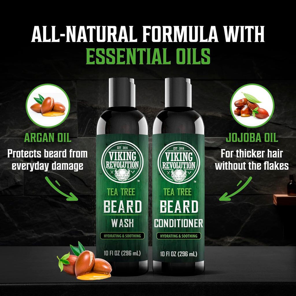 Viking Revolution Tea Tree Oil Beard Wash and Beard Conditioner For Men - Natural Beard Softener Set with Argan Oil, Vitamin E and Ginseng - Tea Tree Beard Shampoo and Conditioner Set (10 Oz)
