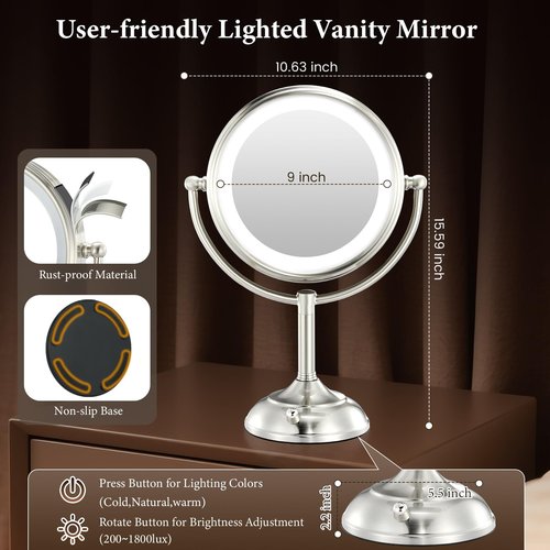 VESAUR 2026 Upgraded 20X lighted makeup mirror with magnification, 9" 1X10X Magnifying Mirror with 3 Color Modes & Adjustable Brightness, 5000mAh Rechargeable Vanity Mirror, 360° Swivel, Nickel, Gifts