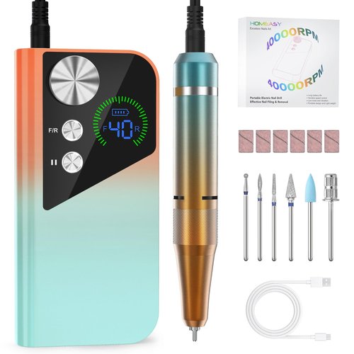HOMEASY Nail Drill 40000RPM - Rechargeable Nail File with Bits, Professional E-Filer for Acrylic Nails, Gel Polishing, Manicure & Pedicure E File with Large HD LCD Screen - M96 Orange