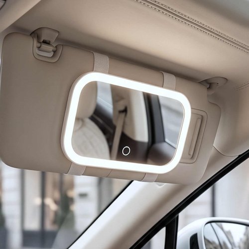 Fancii Car Sun Visor Makeup Mirror with Light, Rechargeable, 3 Color Modes, Dimmable, Adjustable Strap Clip-On Vanity Mirror, Universal fit, Built-in Kickstand (Juni 2) - White