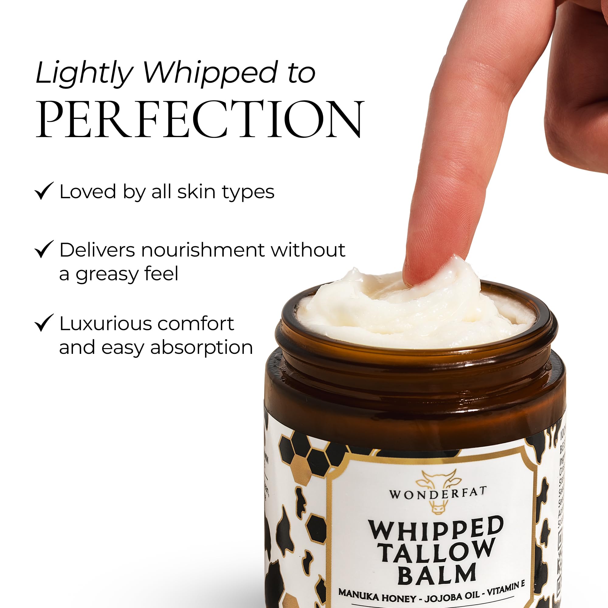 Wonderfat Grass-Fed Whipped Tallow Balm, Face and Body Moisturizer with Manuka Honey, Fragrance Free Tallow Moisturizer for Sensitive Skin, Lightweight Tallow Cream, 3 oz