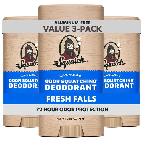 Dr. Squatch Natural Men’s Deodorant – Aluminum Free Natural Deodorant Men with Charcoal & Postbiotics for 72-Hour Odor Protection – Fresh Falls, 2.65oz Stick (3-Pack)