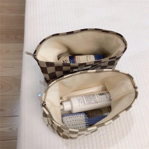 BIVIZKU Travel Checkered Makeup Bag, Corduroy Cosmetic Bag for Purse, Small Cosmetic Zipper Pouch Cute Travel Checkered Makeup Bag Gift for Women,Girls (black)