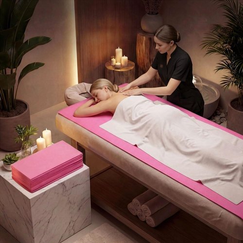 SHENKUAI Massage Table Sheets Disposable Spa Table Bed Covers -100 PCS 71"x31" Non Woven Fabric Waterproof Protector for Waxing, Tattoo, Beauty Salon,Facial, Esthetician Supply(Pink)