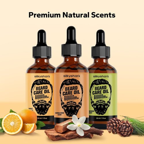 SilkyShark Beard Oil - Hydrating Growth & Conditioning Oil for Men | 3 Pack, 90ml, Sandalwood, Cedarwood, Sweet Orange Scents