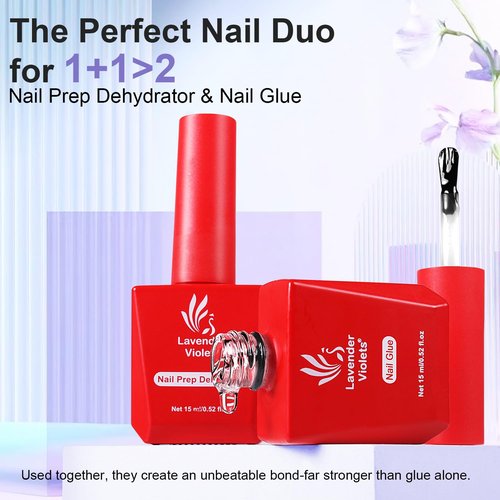 Lavender Violets 10 in One Gel Nail Glue and Prep Dehydrator Set 15ml for Acrylic Nails Tips Press on Nails Adhesive Bond Long Lasting Curing Needed A107+A111