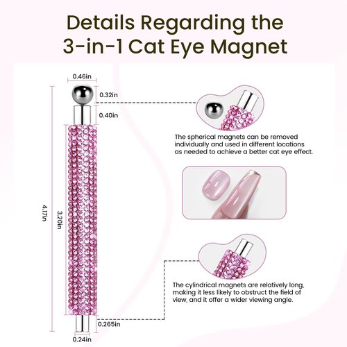 JODSONE 3-in-1 Cat Eye Magnet for Nails, Rhinestone Handle Round & Ball Magnet Tool, Strong Magnet for Cat Eye Gel Polish Nail Art DIY Salon