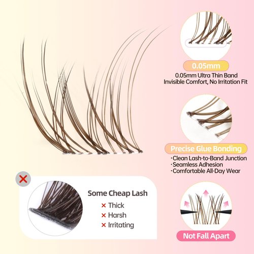 Natural Brown Lash Clusters with 0.05mm Thin Clear Band, Soft Wispy C Curl Lash Extensions, DIY Salon Effect with 8-16mm Lengths,Lightweight for Daily Wear,FayJoo AIRY 12 Brown Lash Only