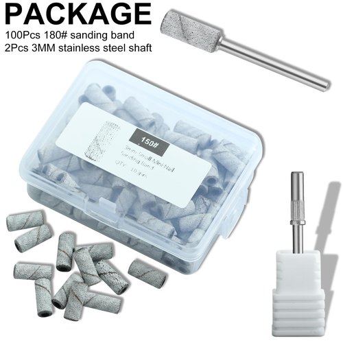 C12rtive 100 Pcs 3mm Professional Small Sanding Bands & 2Pcs Small Mandrel Bit Set for Nail Drill,150# Upgrade Design 3mm Nail File for Manicures and Pedicure with Stainless Steel Shaft