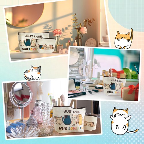 Sunnymove 2 Pack Large and Small Cat Themed Makeup Bags for Women and Teen Girls, Cat Lover Gifts, Cute Kitten Cosmetic Pouch Coin Purse with Zipper, Funny Mom Daughter Gifts for Birthday Christmas