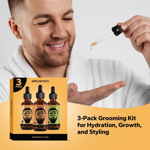 SilkyShark Beard Oil (3 Pack, 90ml), Beard Growth & Conditioning Oil for Men, Hydrating Beard Moisturizer for Grooming & Care, Sandalwood, Cedarwood, Sweet Orange Scents