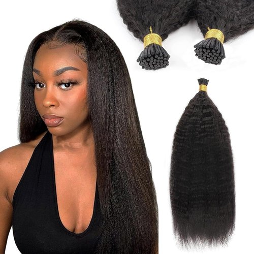ABH AMAZINGBEAUTY HAIR Pre Bonded Kinky Straight Hair Extensions Real Human Hair I Tip Fusion Hair Extensions for Black Women Brazilian Kinky Straight Hair Natural Black I Tips 50g 50strands 16 Inch