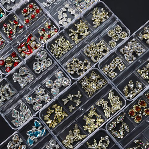 JERCLITY 30 Pieces 3D Luxury Alloy Gold Nail Charms Flat Back Red Nail Rhinestones Gems Jewels Crystal Diamonds for Nails Nail Pearls Diamonds for 3D Nails Art Decoration Accessories