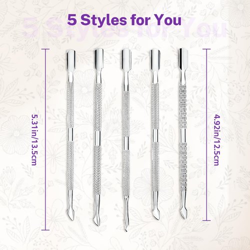 5Pcs Cuticle Pusher Remover and Cutter, Creatiee Double Ended Stainless Steel Cuticle Cleaner Nail Gel Polish Removal, Manicure Pedicure Nail Tools for Fingernails Toenails - Professional & Durable