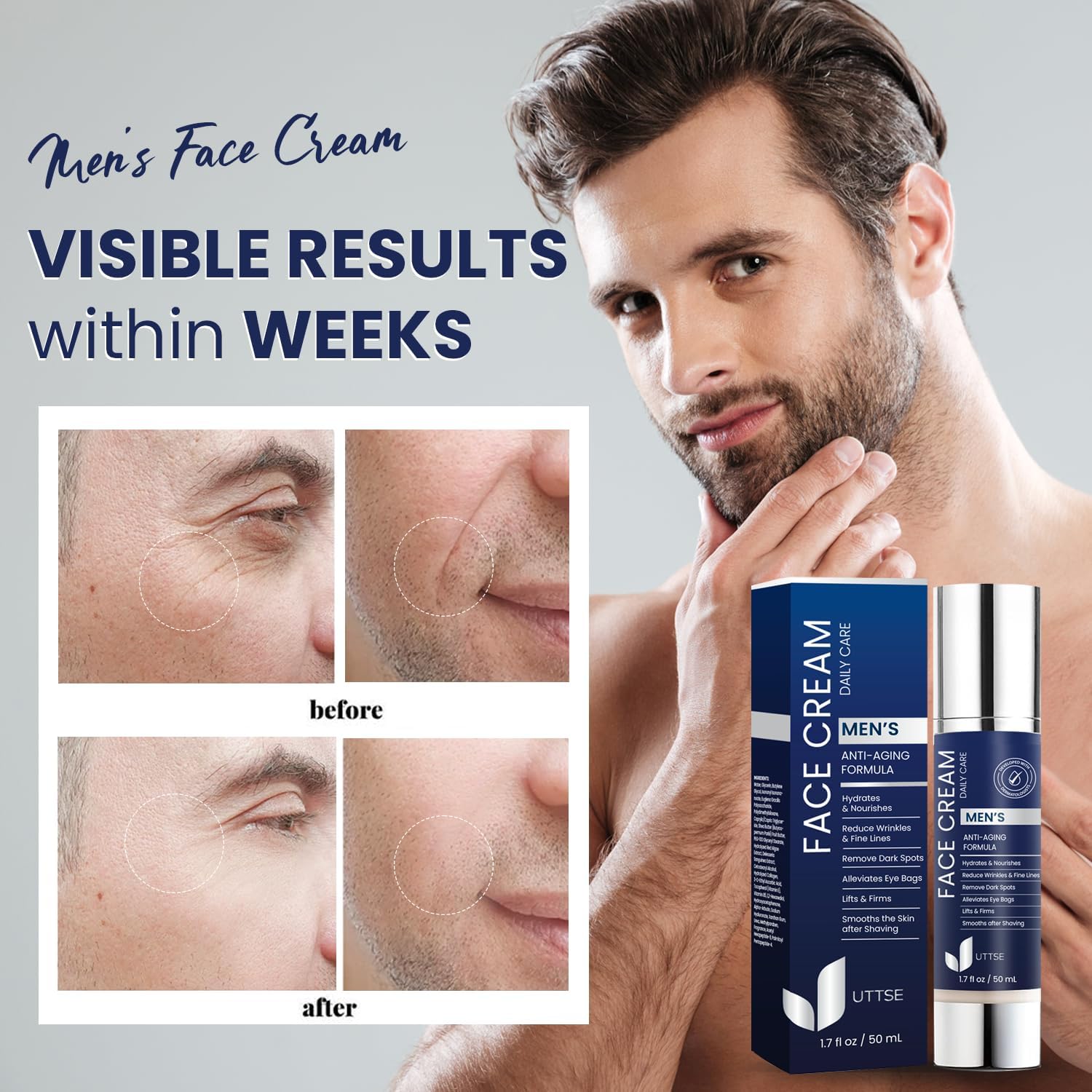 Uttse 6-in-1 Men's Face Moisturizer - Reduce Eye Bags & Dark Circles - 1.7 fl oz - Made in Korea
