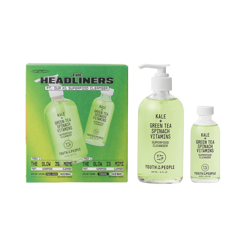 Youth To The People The Headliners Skincare Giftset - 2-Pc Superfood Antioxidant Face Cleanser Set, Full Size & Mini Travel Facial Wash, Gentle Makeup Remover, for Pores, Acne, Blemishes
