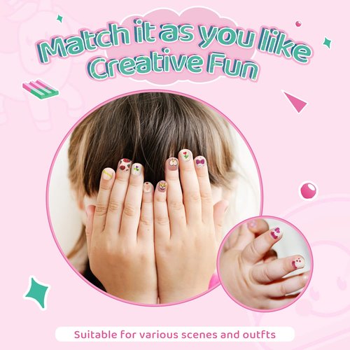 240Pcs Kids False Nail with Nail Glue Children Girls Press on short Nails No fading Stable Quick Stick on Cute Pre Glue Full Cover Acrylic Nail Tip Kit Gift for Kids Nail Decoration(Rainbow Unicorn）