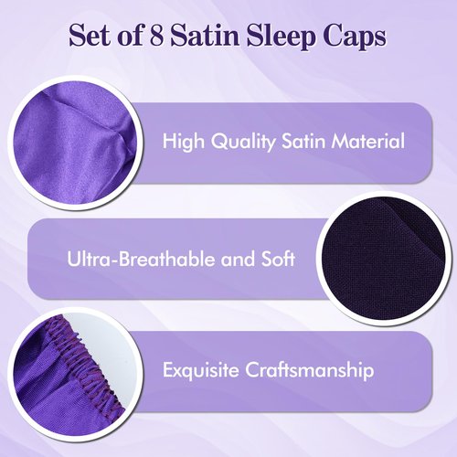 Lawie 8 Pack Colors Satin Lined Silky Sleeping Bonnets Shower Caps Curly Long Hair Protector Night Large Adjustable Wide Brim Band Sleep Hats Hair Wraps for Women Girls (Feminine Colors)