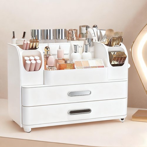 Makeup Organizer with 2 Drawers, Cosmetic Display Case, Storage Holder for Vanity, Bathroom Counter, Desk, Beauty Supplies (All White)