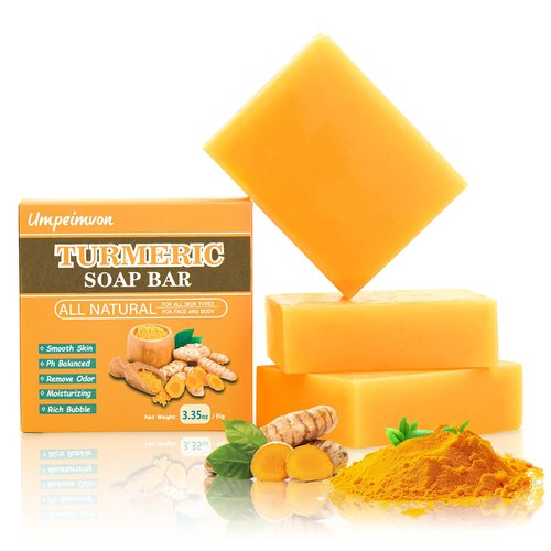 Umpeimvon 3 Pack Turmeric Soap Bar for Face & Body Cleanser, Organic Turmeric Soap, Smooth Skin and Moisturizing, All Natural Tumeric Soap, Handmade Turmeric Face Soap Ginger Soap, 3.53oz × 3
