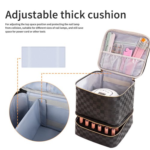 KGMCARE Portable Nail Polish Organizer Bag with UV Light Case - Holds 30 Bottles and 1 UV Nail Lamp, Double-Layers Nail Dryer Case for Gel Nail Polish Kit, Nail Art Decorations（Checkered Black）