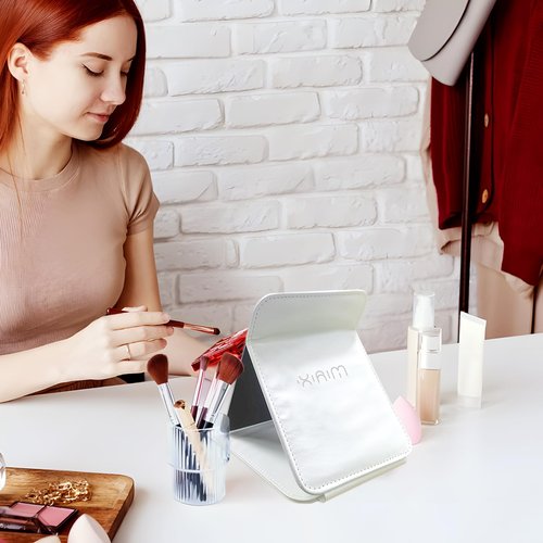 SYHITOU Foldable Travel Makeup Mirror, Adjustable Angle Portable Standing Vanity Mirror, Compact PU Leather Design for Home/Camping/Desktop Use,Elegant White(8.4"x6")
