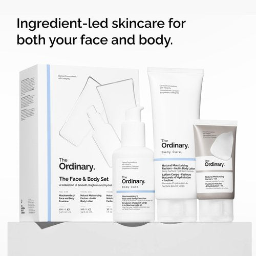The Ordinary Face & Body Set Daily Skincare Routine with Niacinamide 5% Face & Body Emulsion, Natural Moisturizing Factors + Inulin Body Lotion, and Natural Moisturizing Factors + Hyaluronic Acid