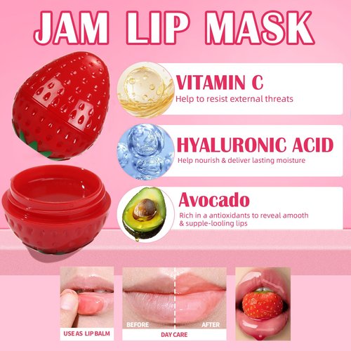 6 PCS Mini Bee Lip Balm Lip Mask Fruit Pot,Strawberry Lip Balm for Teens Girls 8-12,Lemon,Peach,Cherry Moisturizing Lip Sleeping Mask Overnight Lip Treatment,Color lip Balm Gifts Set, Galentines Gifts