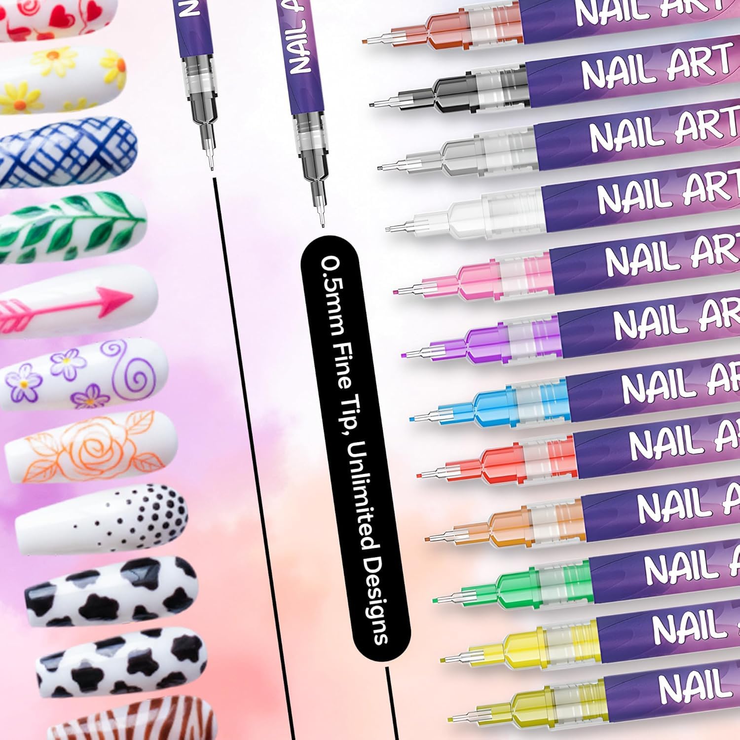 YUEUR 12 Colors Nail Art Pens Set, Fine Tip Nail Polish Pen Markers, Quick Dry Nail Art Kit for DIY Home Salon, Professional Nail Art Tools, Manicure Set Gift for Adults Beginners