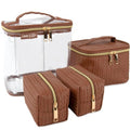 Emma & Chloe Travel Toiletry Bags for Women, 4 Piece Waterproof Cosmetic Case, Set, Pouch Makeup Organizer Bags for Women, Home Counters (Smooth Brown Chevron)