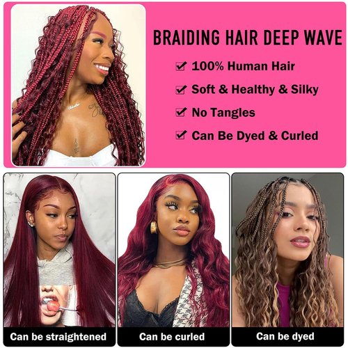 Deep Curly Human Braiding Hair for Boho Braids Burgundy Deep Water Wave Human Hair Braiding Hair No Weft Hair Bundles for Bohemian Knotless Braids 20 22 Inch Bulk Human Hair for Braiding 50g/Bundle